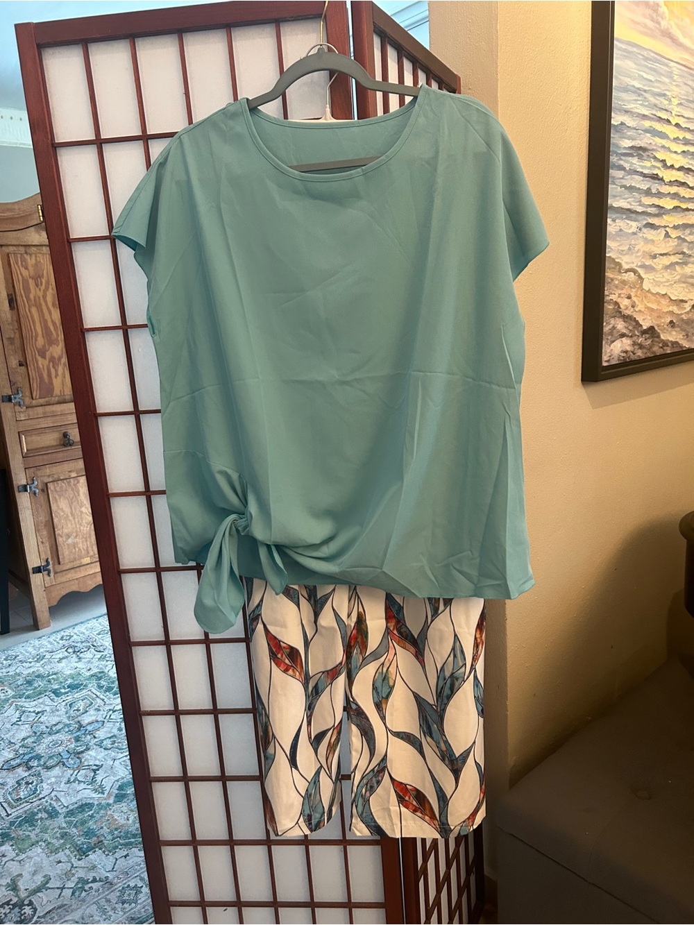 Teal Side-Tie Blouse and Printed Midi Skirt Set